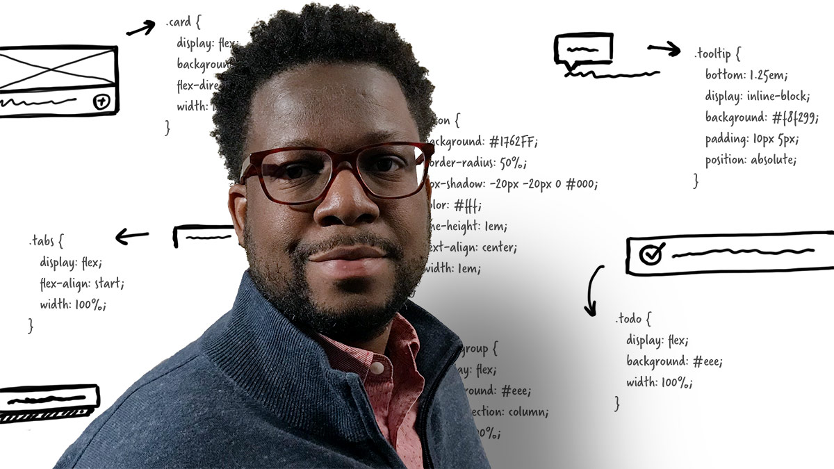 Zeke Binion with whiteboard sketches in the background